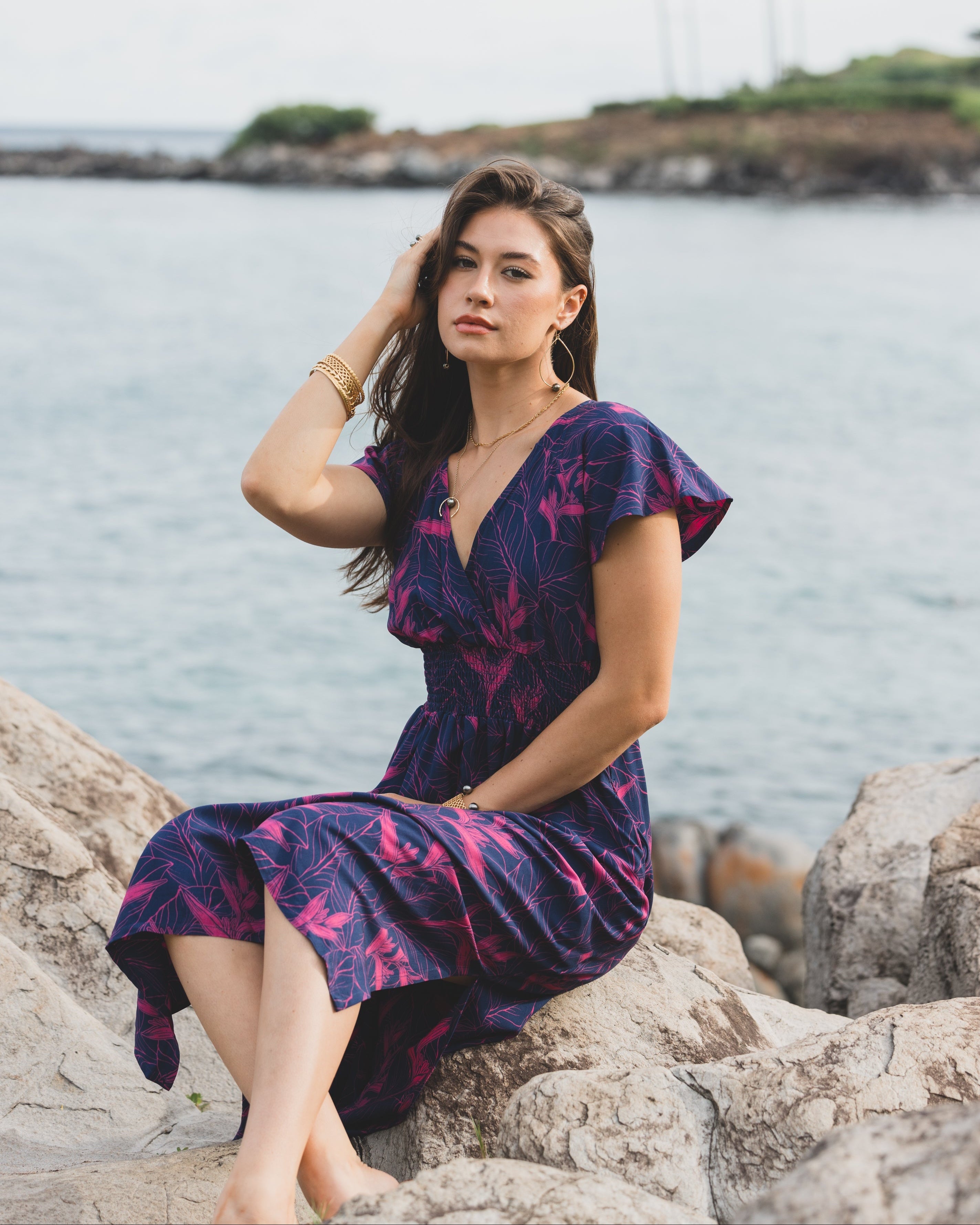 Nāhiku / Moana Midi Dress / Rosé on Indigo KEANI APPAREL