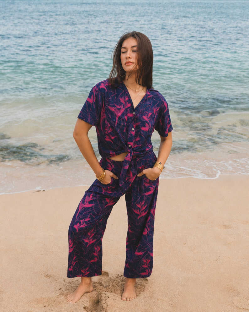 Nāhiku / Makena Resort Pant / Rosé on Indigo / Classic Length KEANI APPAREL