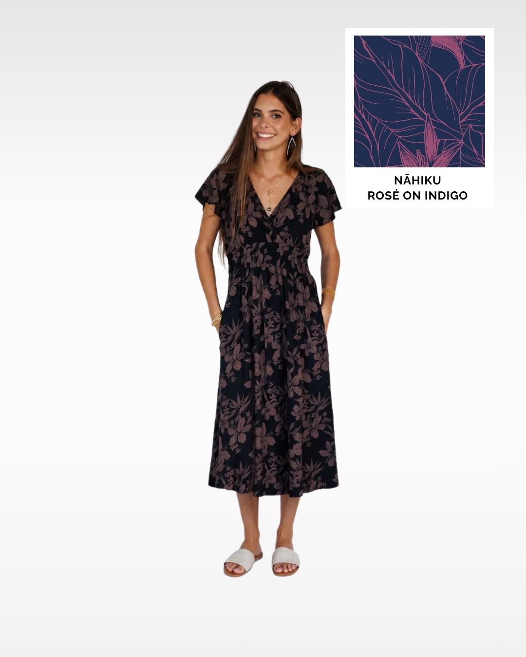 Nāhiku / Moana Midi Dress / Rosé on Indigo / Extra Long KEANI APPAREL