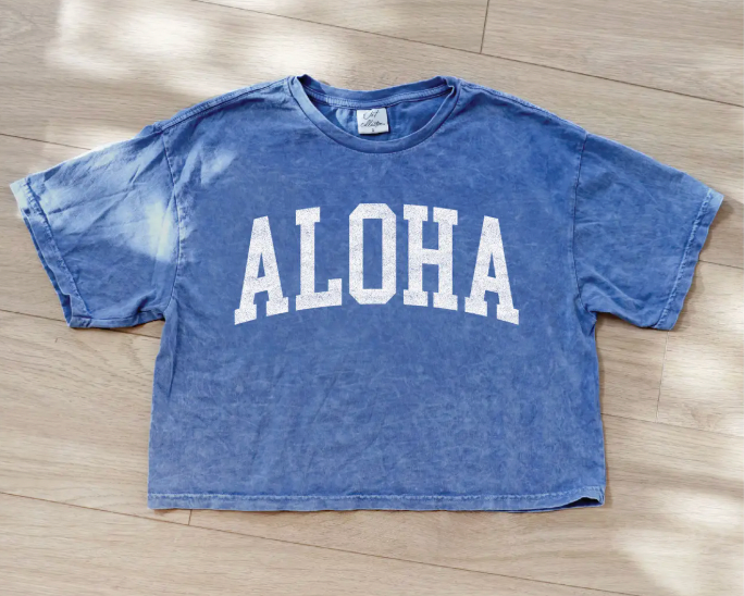 ALOHA Cropped Mineral Graphic Top / Denim Blue OAT COLLECTIVE