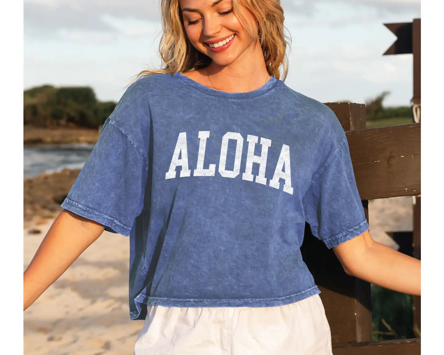 ALOHA Cropped Mineral Graphic Top / Denim Blue OAT COLLECTIVE