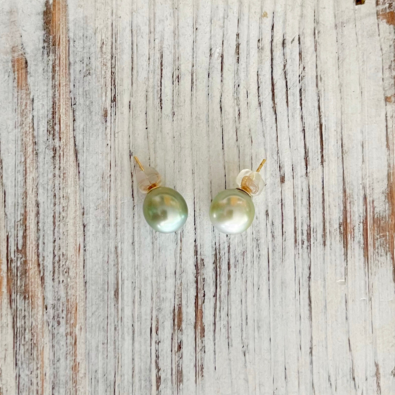 Natural Light Pistachio Tahitian Pearl Studs KEANI JEWELRY