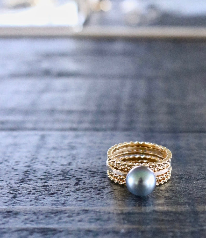 Tiare Tahitian Pearl Ring stack, Designed by Keani Hawaii