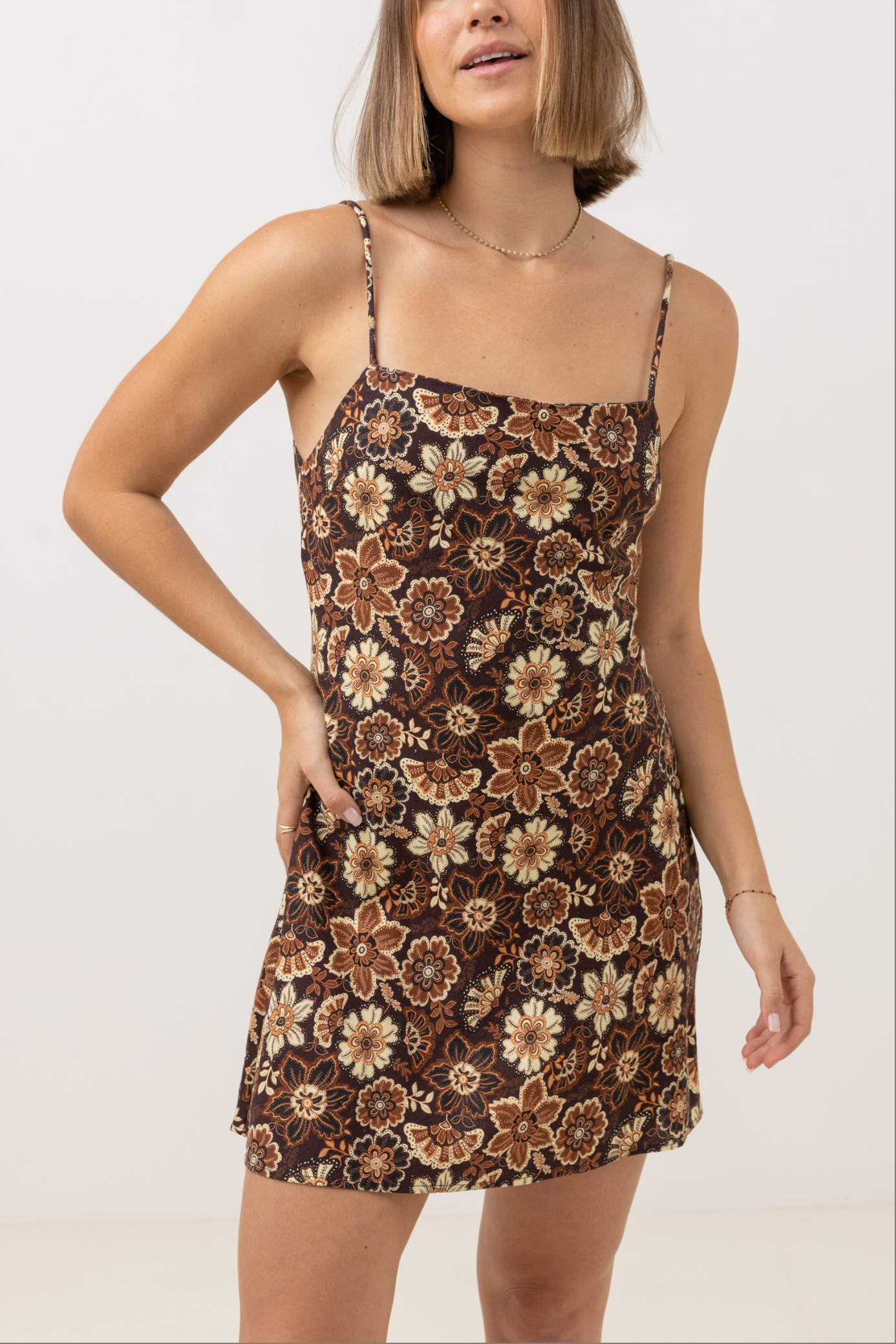 Rhythm Cantabria Floral Bias Women's Mini Dress, Brown / S Rhythm Cantabria Floral Bias Women's Mini Dress, Brown / S