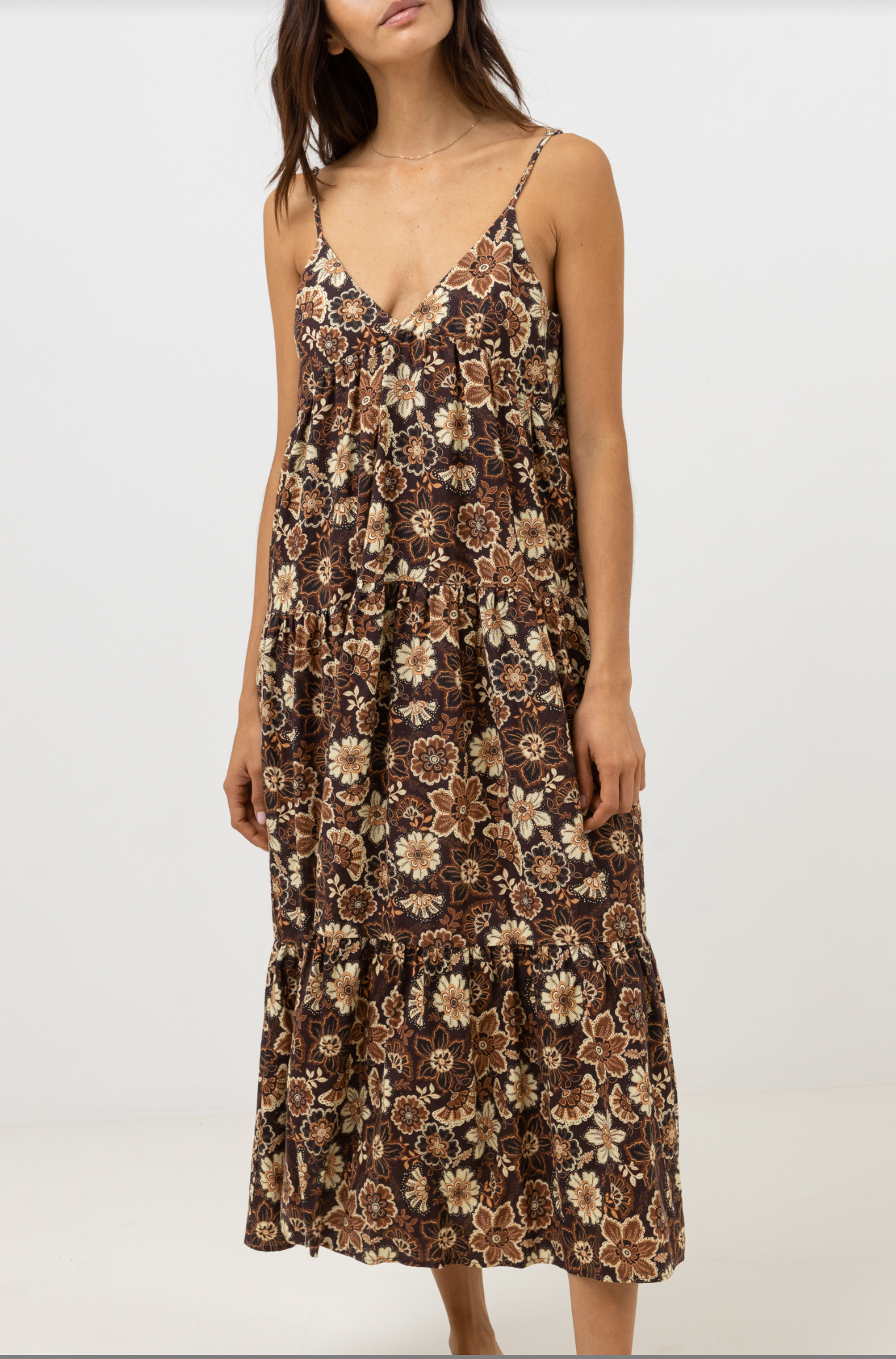 Cantabria Floral Tiered Midi Dress / Brown RHYTHM