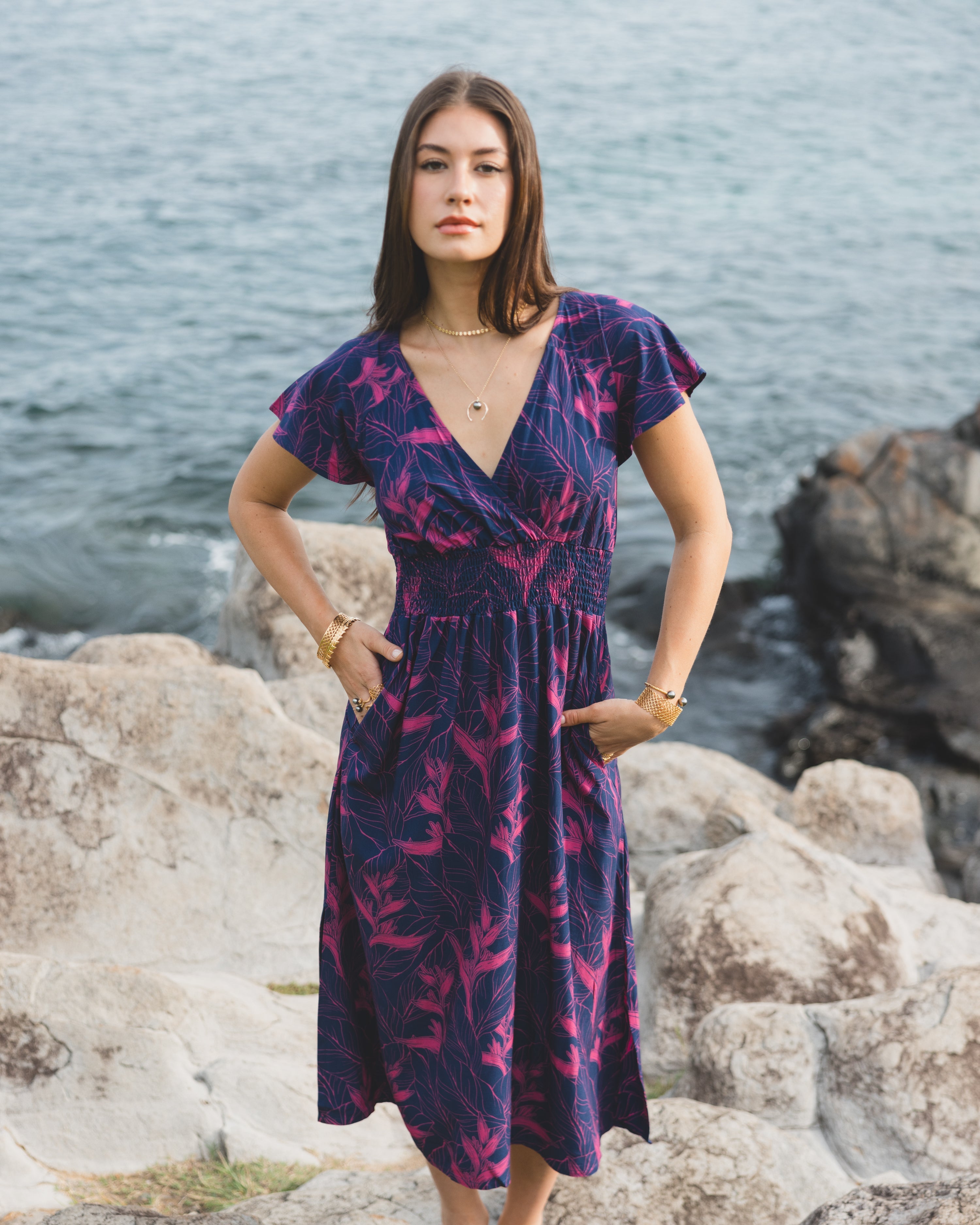 Nāhiku / Moana Midi Dress / Rosé on Indigo KEANI APPAREL