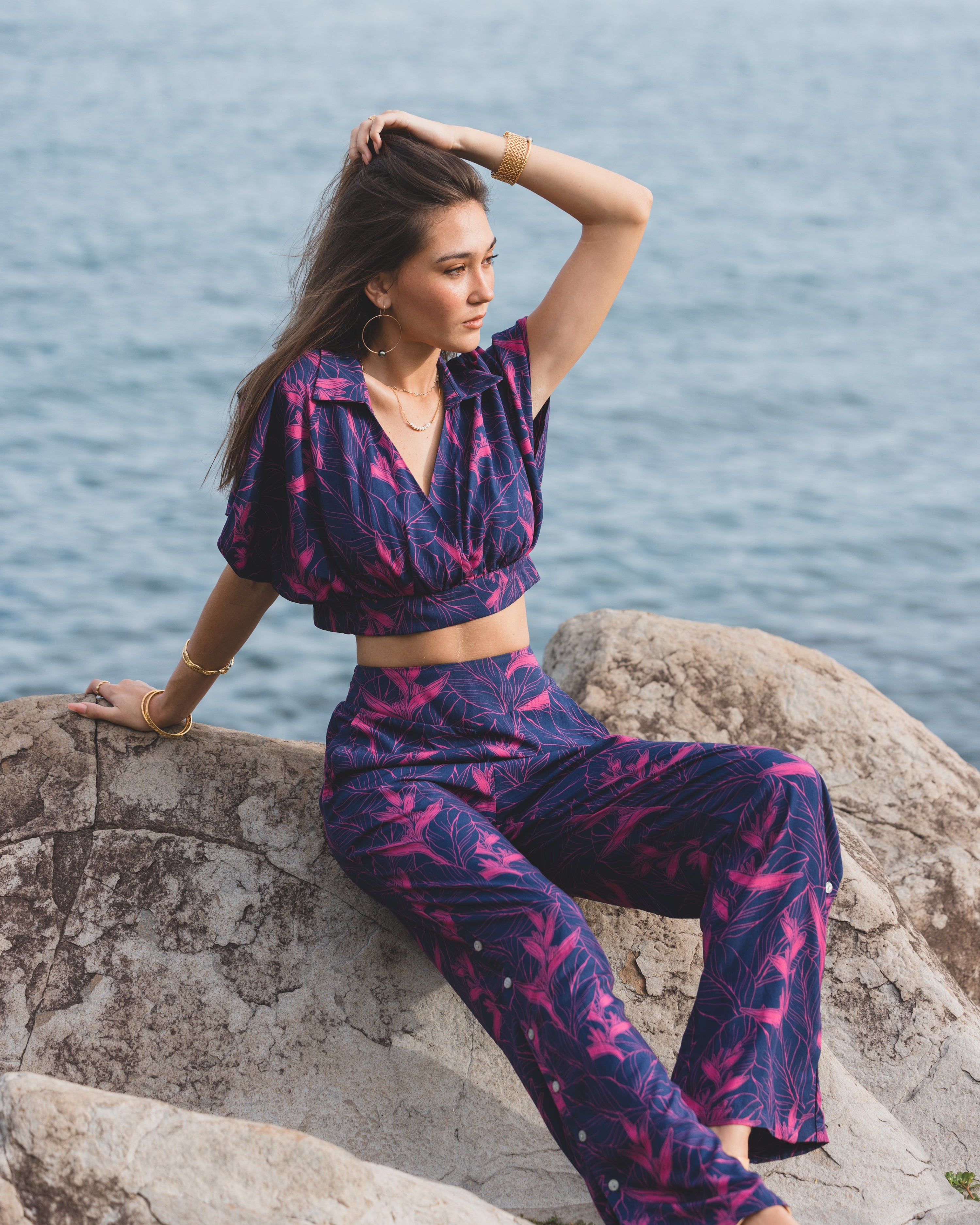 Kalena Crop Top / Nāhiku / Rosé on Indigo KEANI APPAREL