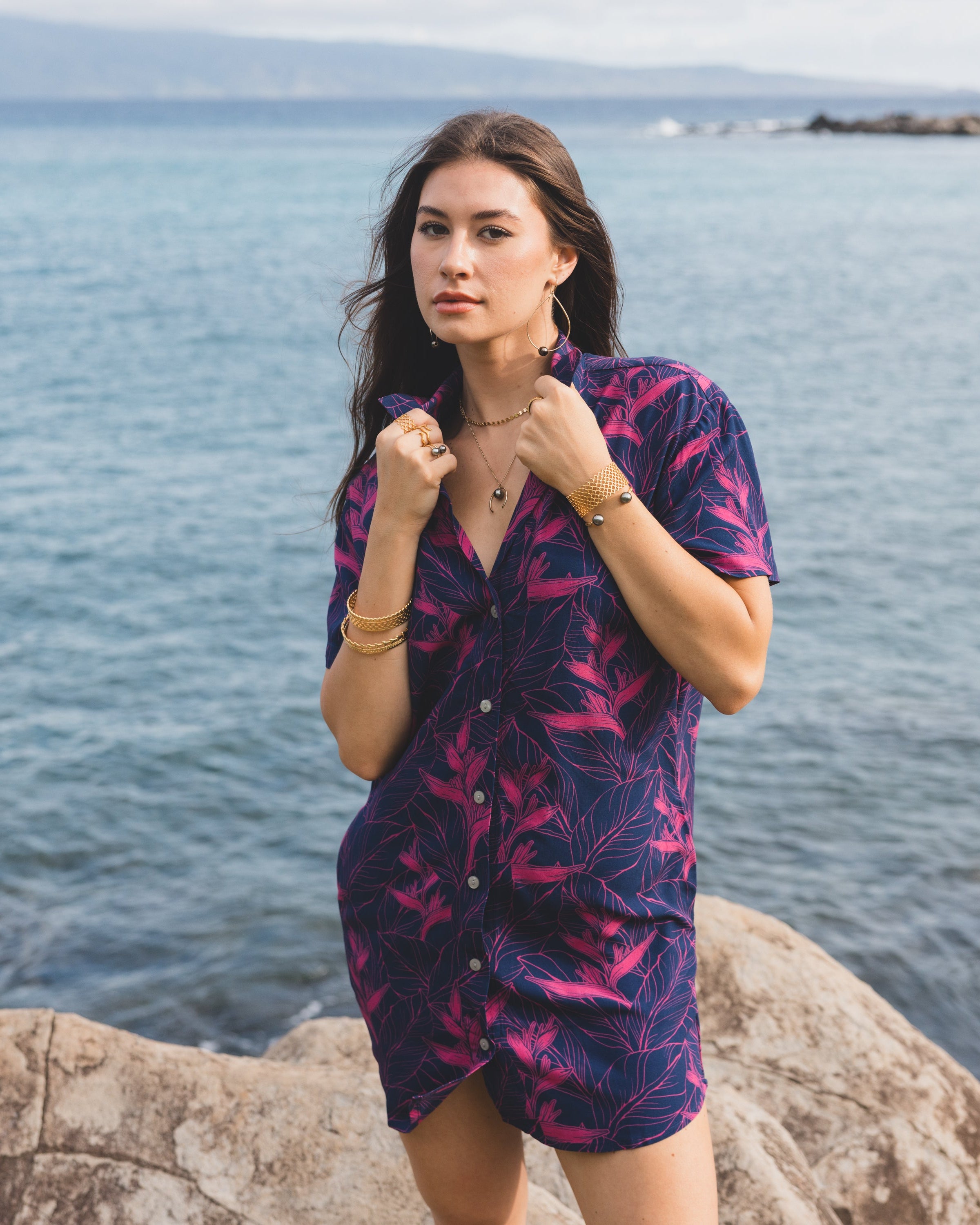Nāhiku / Paia Shirt Dress / Rosé on Indigo KEANI APPAREL