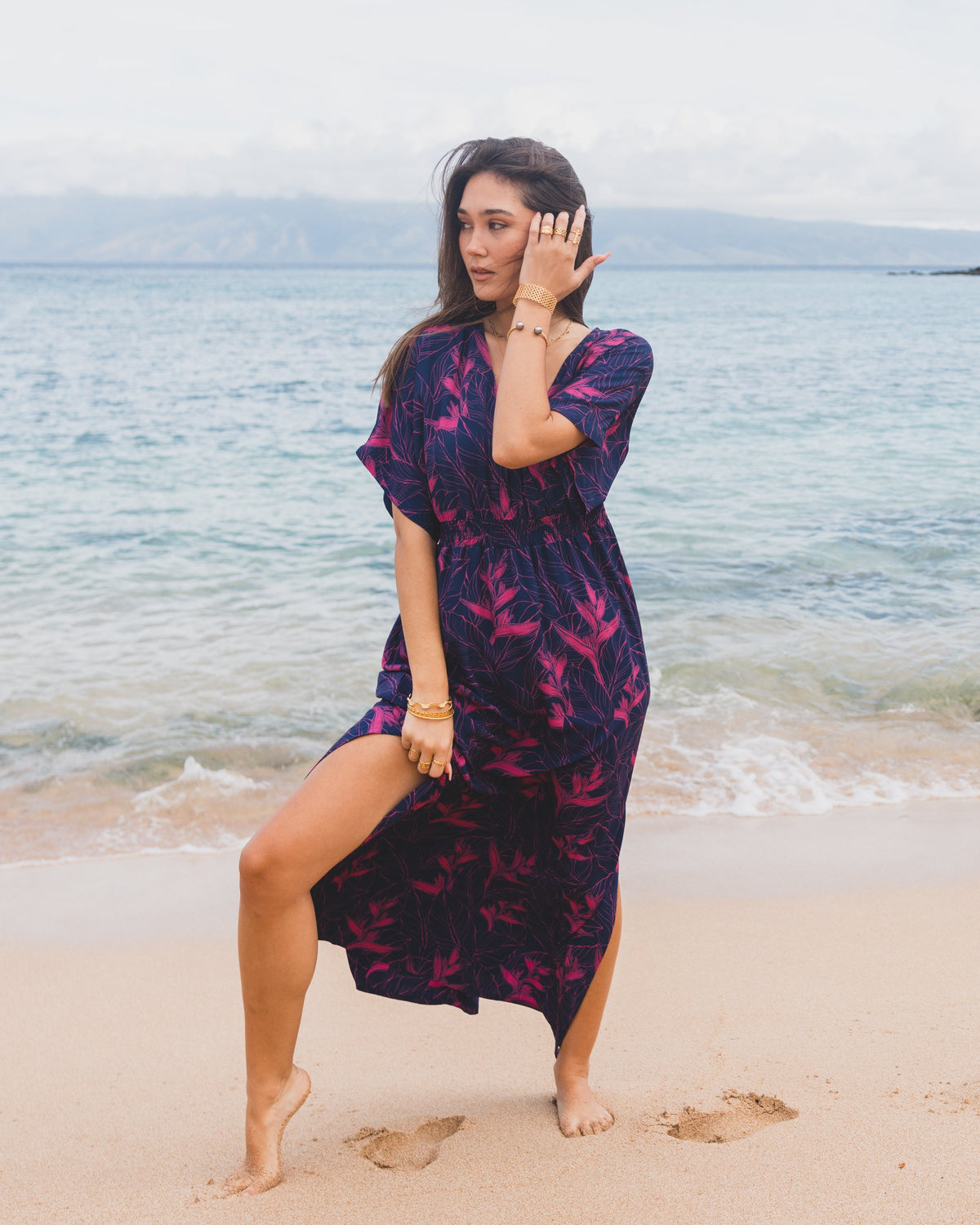 Nāhiku / Makua Midi Dress / Rosé on Indigo KEANI APPAREL