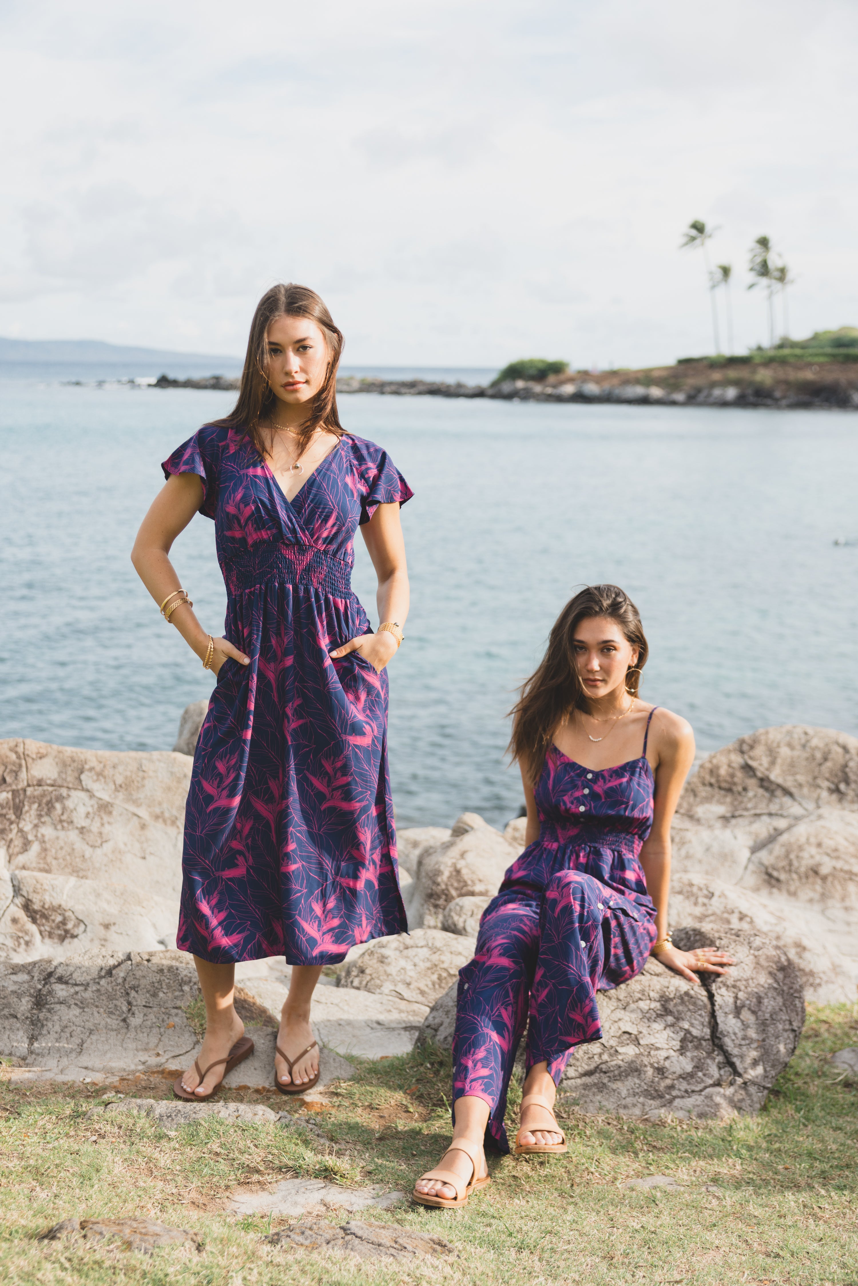 Nāhiku / Moana Midi Dress / Rosé on Indigo KEANI APPAREL