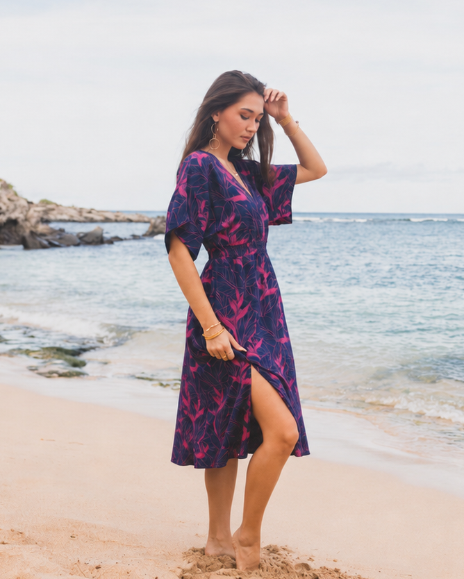 Nāhiku / Makua Midi Dress / Rosé on Indigo KEANI APPAREL