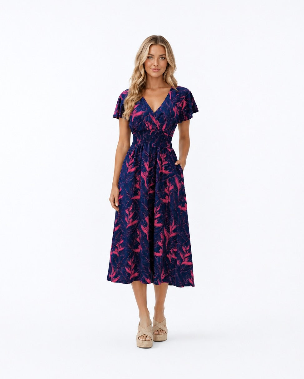 Nāhiku / Moana Midi Dress / Rosé on Indigo KEANI APPAREL