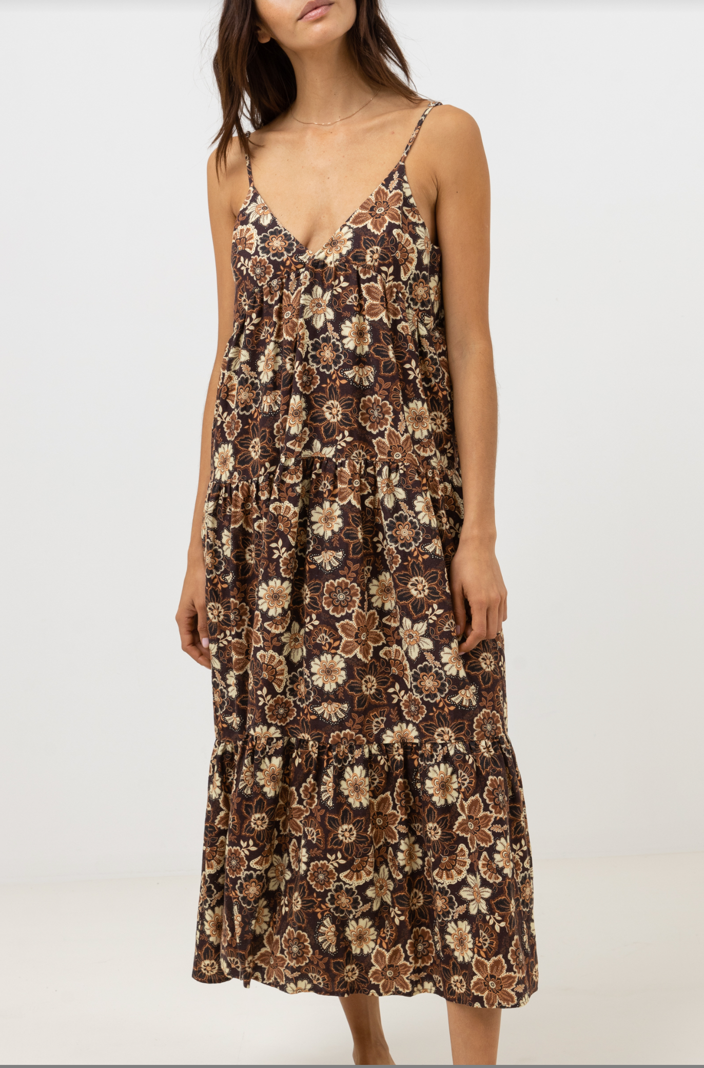Cantabria Floral Tiered Midi Dress / Brown